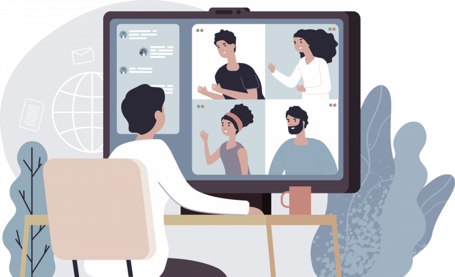 An illustration of a person video conferencing with four people on a computer