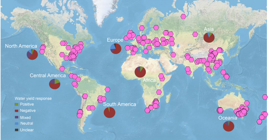 Geographic location of study cases and their water yield outcomes.