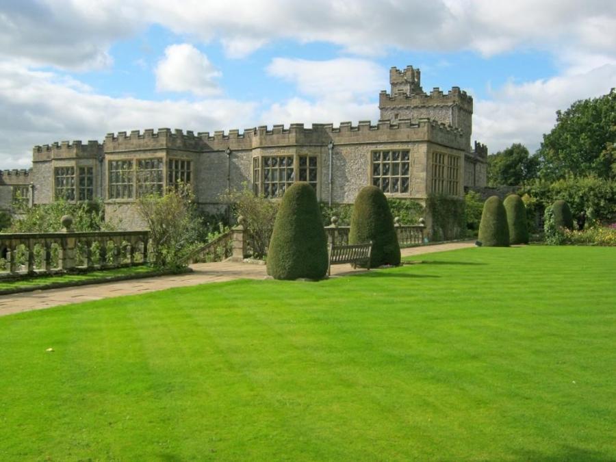 Very green lawn near castle