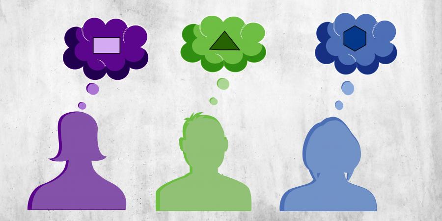 An illustration showing three silhouettes with thought bubbles with each person thinking about three different shapes, a rectangle, a triangle, and a hexagon, illustrating the differences in disciplinary outlooks.
