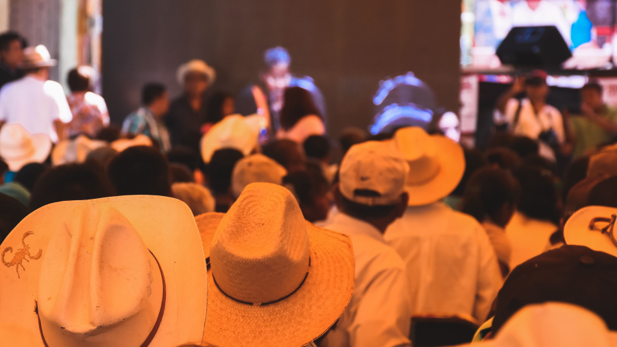 The backs of people who are standing facing a speaker in the background at a meeting