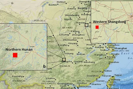 A map of China highlighting two regions