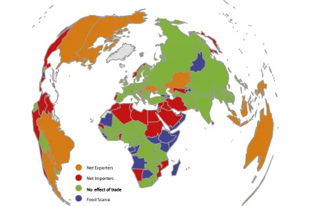 Map displaying the geographic distribution of countries belonging to the four groups: (A) Exporting countries whose food trade has an impact on the carrying capacity,  . (B) Trade-dependent countries where population relies on food available through both domestic production and trade (import). (C) Countries where the impact of trade on food availability is negligible. (D) Countries exhibiting clear signs of food limitation as evidenced by the poorer diets.