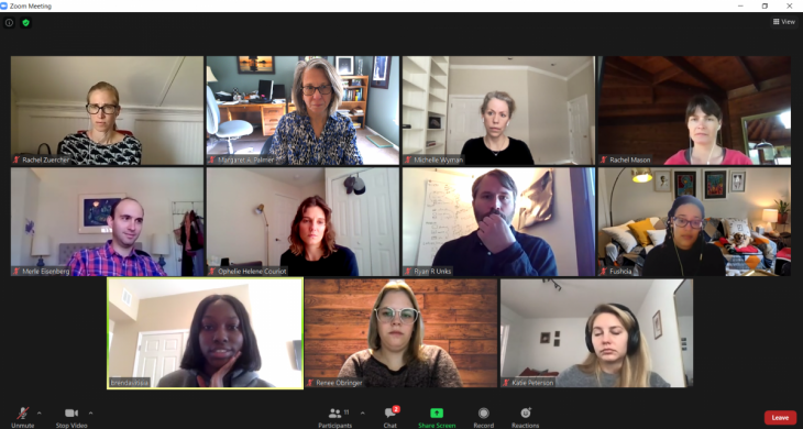 A screenshot of SESYNC postdoctoral fellows participating virtually in a discussion